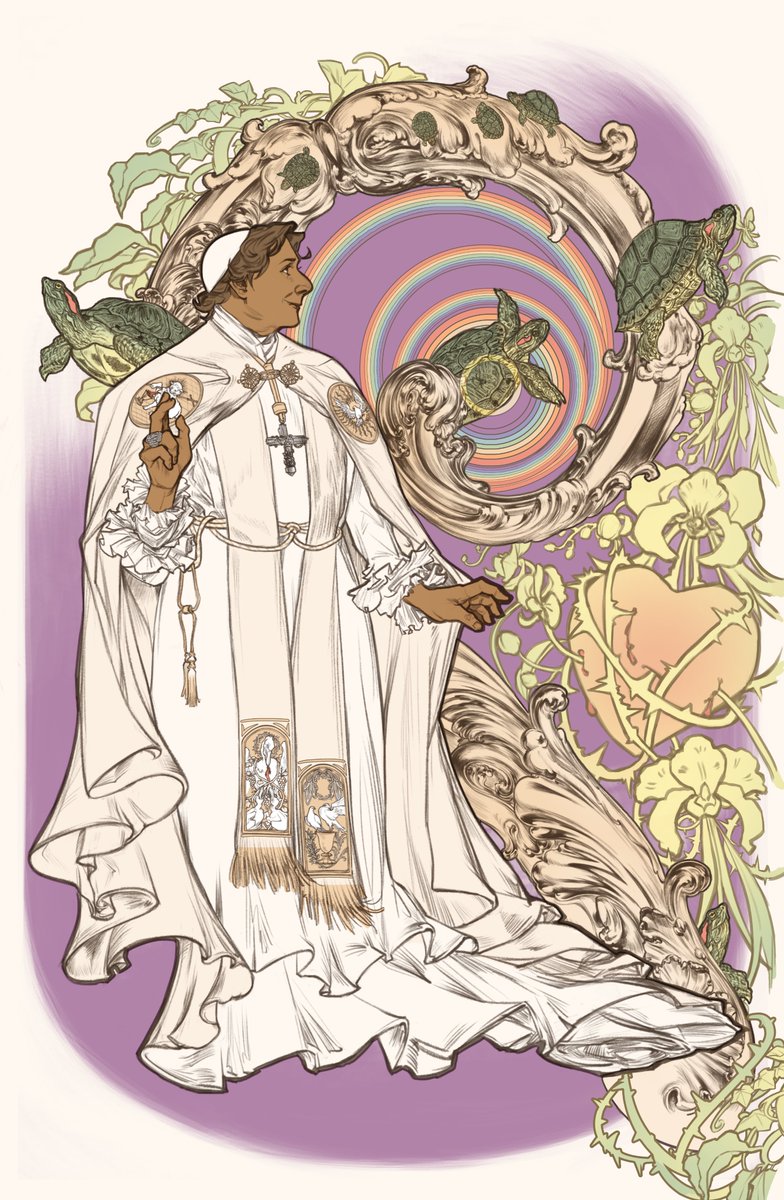 bontmercy's tweet photo. an illustration i did of pope innocent for a film festival in spain (+ detail shots)! 🐢🌈 #conclave2024 https://t.co/GqNBqs0WJR
