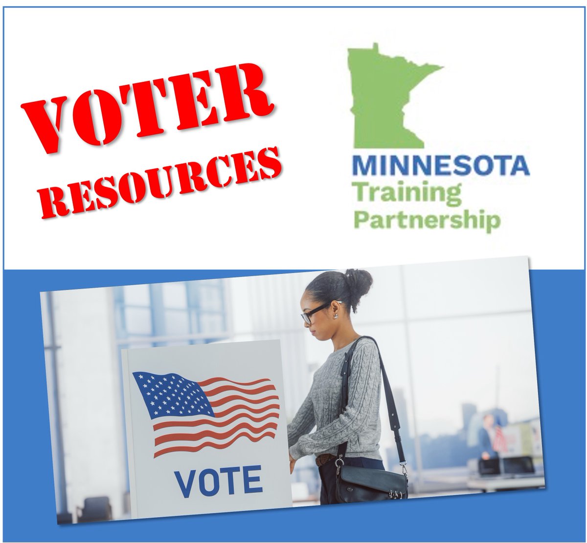 MNTrainPartner's tweet photo. Make your voice heard this election—start with a voting plan! What’s your plan to cast your ballot in the upcoming election? Need more info about when, where, and how to vote?
To learn more, check out MTP’s Voter Resources page: https://t.co/ePk1O9e9M7
#VoteMN https://t.co/NrRWtKtdXX
