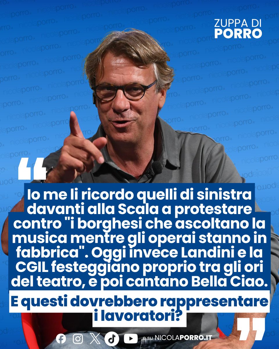 NicolaPorro's tweet photo. Io me li ricordo quelli di sinistra davanti alla Scala a protestare contro "i ricchi in pelliccia", "il tempio della disuguaglianza", "i borghesi che ascoltavano la musica mentre gli operai stavano in fabbrica". Oggi invece Landini e la CGIL che fanno? Festeggiano proprio lì, tra gli ori del teatro, applaudono Mattarella e poi cantano Bella Ciao. E questi dovrebbero rappresentare i lavoratori? È una gigantesca ipocrisia. #ZuppaDiPorro
