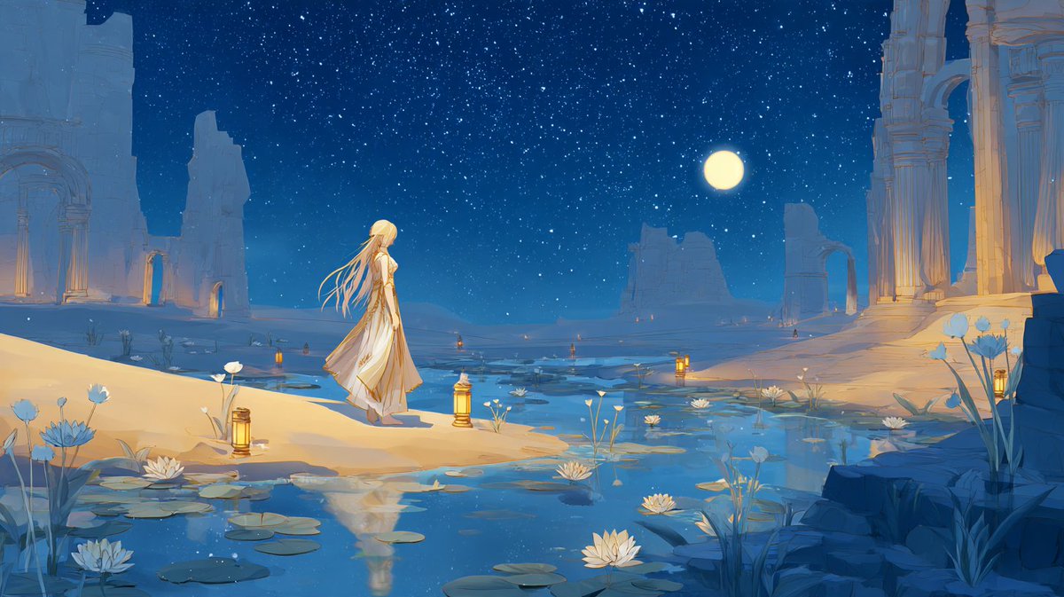 IsekaiSounds's tweet photo. New video uploaded. ✨

The Oasis Beneath the Silent Moon  
Original Fantasy Music for Sleep, Study & Relaxation

Escape to a peaceful moonlit oasis in another world, where silver water reflections, golden sand dunes, distant white ruins, softly glowing lanterns, gentle night winds, and a star-filled sky create a quiet resting place on a long journey.

🎵 Watch on YouTube:  
https://t.co/P2FOqyW6CQ

#IsekaiFantasySounds #FantasyMusic #AmbientMusic #RelaxingMusic