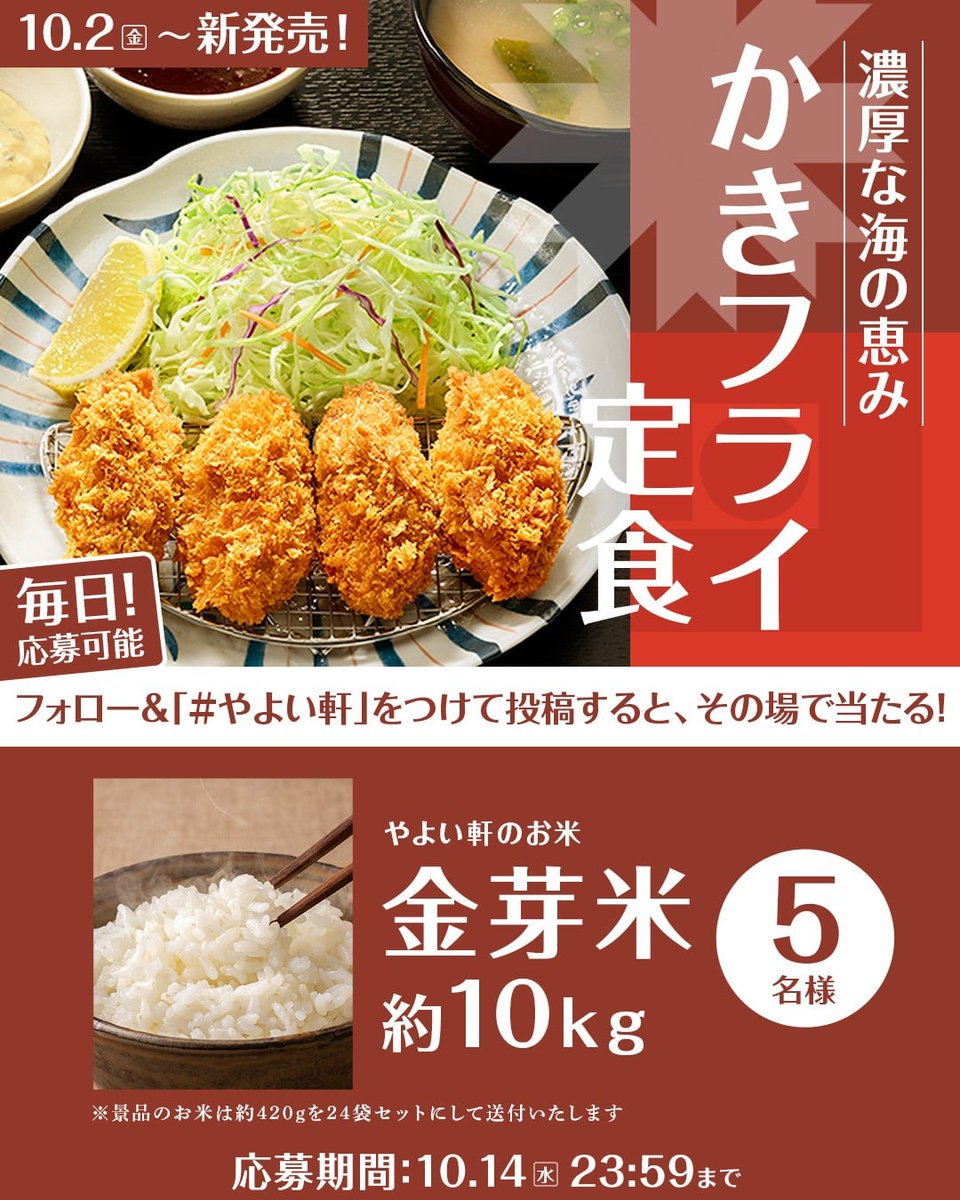 yayoiken_com's tweet photo. 📢本日初日！
10.2(金)～かきフライ定食発売記念キャンペーン🎉
【毎日】応募可能✨

画像内の景品を抽選で5名様にプレゼント🎁
10.14(水)迄

【応募方法】
1️⃣ #やよい軒 (@yayoiken_com )をフォロー
2️⃣リンクをクリックして「 #やよい軒 」を投稿
https://t.co/VNeDXvD5YB
3️⃣その場で当選者にDMが届く

#ごはんおかわり自由 #今日によいもの