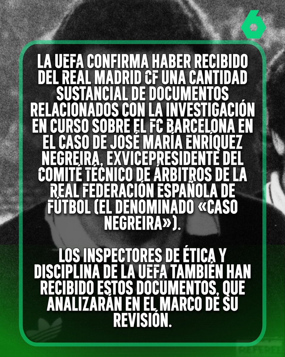 Sexta_Deportes's tweet photo. 🚨 La UEFA abre expediente al Barça por el Caso Negreira:

📄 "Hemos recibido del Real Madrid una cantidad sustancial de documentos relacionados con la investigación en curso". https://t.co/U1DwJmMltg
