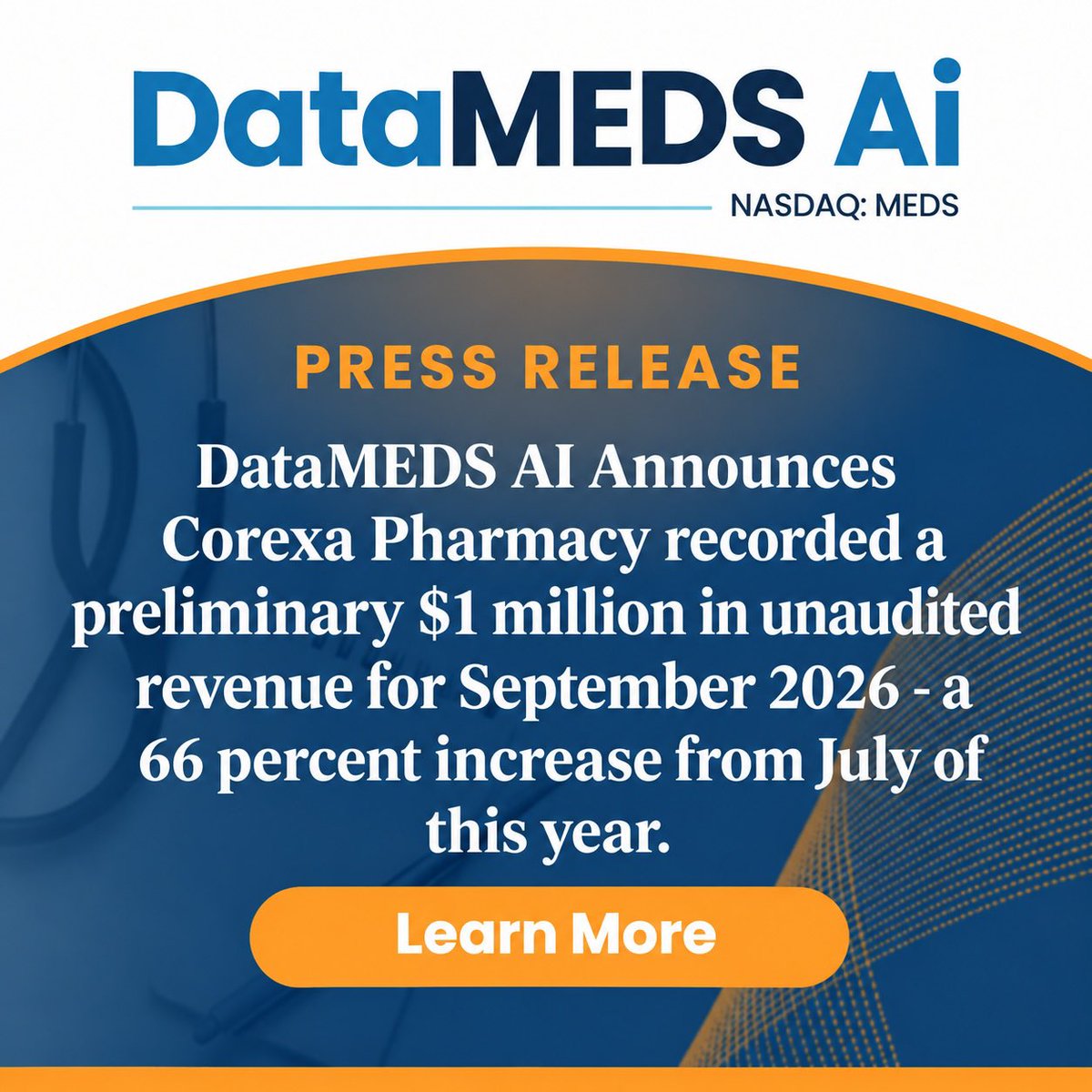 DataMEDSAI's tweet photo. #CorexaPharmacy recorded a preliminary $1 million in unaudited revenue for September 2026 - a 66 percent increase from July. @corexahealth $MEDS

Real the full press release to learn more: https://t.co/9nsKX7uNxS https://t.co/qKzskN1bG6