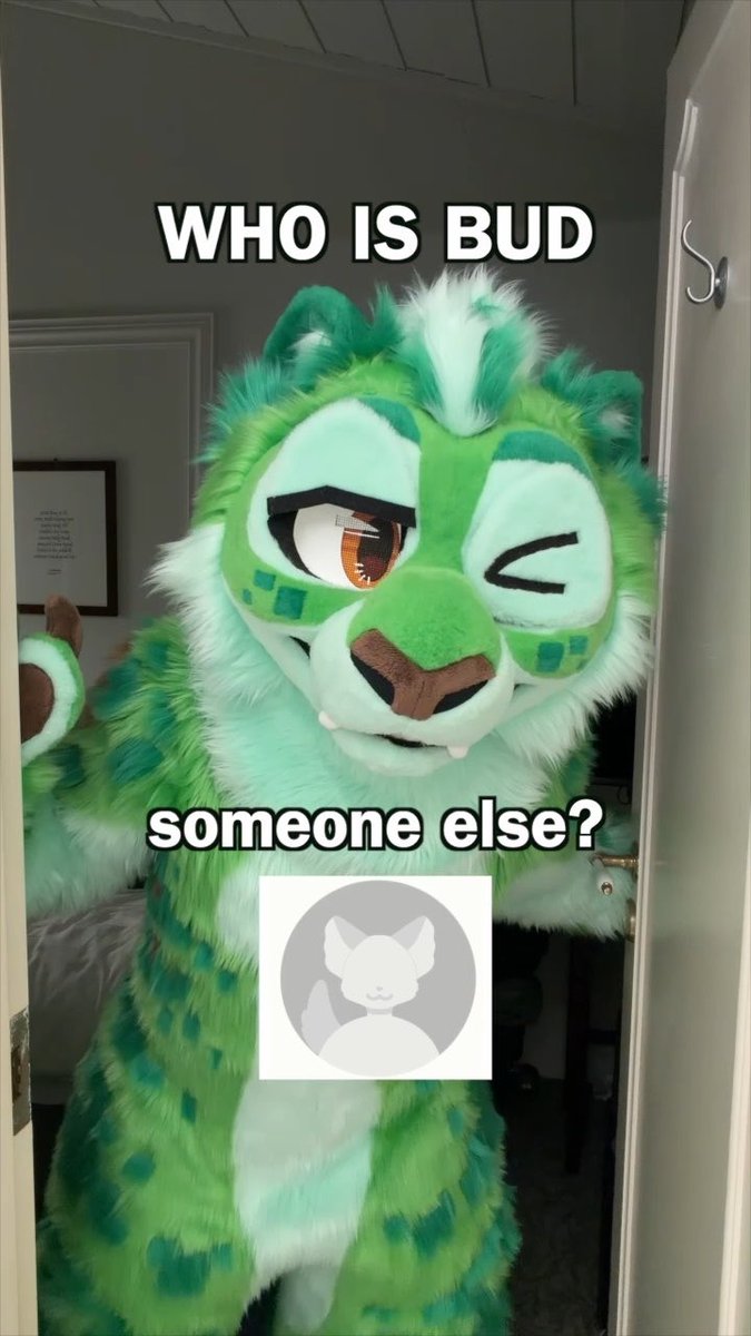 A green and teal furry fursuit character winks while holding up a paw, with the text "WHO IS BUD someone else?" overlaid above a cat avatar icon. The meme humorously plays on the post's theme of doubting "industry plant" allegations, with the fursuiter's questioning pose and skeptical wink poking fun at people who dismiss insider claims.