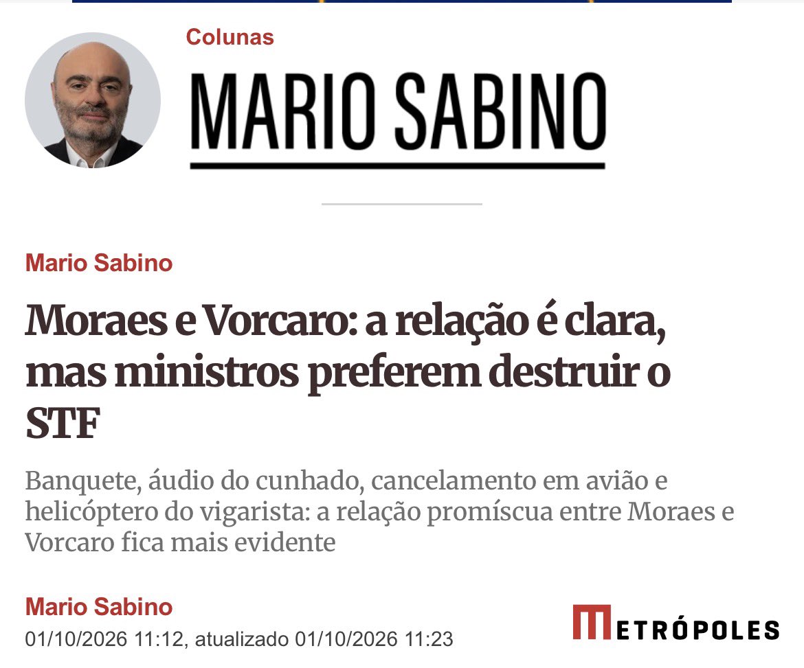 mauad_joao's tweet photo. Leiam a coluna do Mário Sabino 👇

“Enquanto colegas de Alexandre de Moraes fazem o diabo para evitar que se abra investigação contra ele no caso Master (como se ainda fosse preciso investigar muita coisa) e não coram de vergonha ao passar a falsa narrativa de que inexiste corrupção sem ato de ofício, a relação promíscua entre o ministro e Daniel Vorcaro vai ficando cada vez mais evidente.

De ontem para hoje, soubemos, por meio de mensagens extraídas do celular do vigarista, que Vorcaro cuidou pessoalmente de um banquete com caviar Beluga, trufas brancas do Piemonte e vinhos franceses renomados oferecido a Moraes em Campos de Jordão.

O banquete, cuja notícia foi acompanhada de fotos das iguarias servidas aos convivas, ocorreu um mês antes de a mulher do ministro, Viviane Barci de Moraes, assinar o contrato de R$ 131 milhões com o Banco Master (janeiro de 2024).

Ouvimos também um áudio datado de dezembro de 2025, quando a casa de Vorcaro já havia caído, no qual o cunhado e operador financeiro do vigarista, Fabiano Zettel, diz a uma amiguinha dele que “o Xandão é melhor amigo do Daniel” e que “tô contando com ele. Melhor amigo, faz jantar junto, sai junto”.

Para completar, o jornalista Lauro Jardim publicou hoje que a mulher de Moraes cancelou voos em um jato (o famoso Legacy) e um helicóptero da Prime You de Vorcaro, marcados havia um mês, logo depois de vir a público a notícia da primeira prisão do vigarista.

Vorcaro foi detido no aeroporto de Guarulhos, prestes a fugir do país, na noite de 17 de novembro de 2025 e as reservas foram canceladas na manhã seguinte, cedo.

Viviane Barci de Moraes fez o cancelamento às 8h34, dois minutos depois desfez o cancelamento, no minuto seguinte escreveu “um instante” à funcionária da Prime You e quatro minutos mais tarde voltou a pedi-lo.

Entre a primeira mensagem e a última decorreram apenas sete minutos. Ou seja, a mulher de Moraes pareceu estar desnorteada e ter um interlocutor de quem recebia ordens e contraordem.

Se fosse um fretamento comum, e não viagens em aeronaves nas quais o vigarista ofereceu sociedade à Viviane Barci de Moraes para provavelmente quitar os R$ 50 milhões que faltavam ser pagos do contrato de R$ 131 milhões, por que cancelar os voos?

Repitamos: em qualquer país civilizado, Moraes estaria fora do cargo e enfrentaria um processo; no Brasil, ele não apenas continua ministro, como colegas seus preferem destruir o STF a entregar a sua cabeça. Todos apostando na reeleição de Lulapara que a impunidade prevaleça e para que continuem a dar as cartas.”