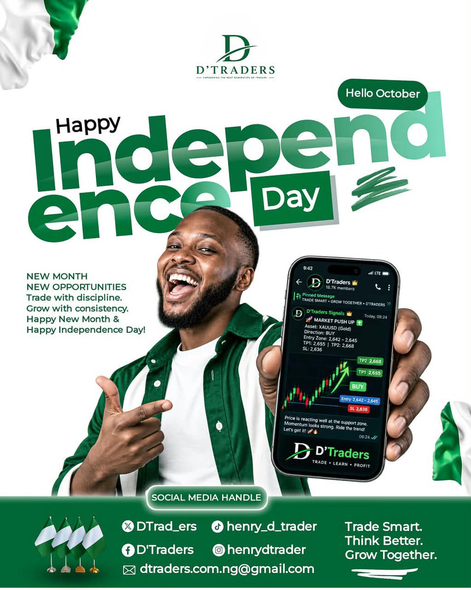 DTrad_ers's tweet photo. Happy Independence Day, Nigeria 🇳🇬
New month today. Same approach:
Trade with discipline.
Grow with consistency.
Wishing every trader a patient, well-managed October. https://t.co/GlCWIU9q4t
