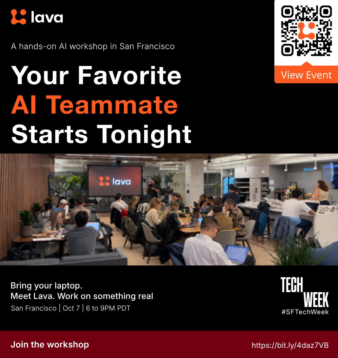 MitchJones_'s tweet photo. NY was a success. Next step SF @Techweek_ 🌁 Come get your first AI teammate working on the apps you already use with @trylava. Wed Oct 7, 6PM PT. Free, link in comments. https://t.co/CJ1iQJf3Bb