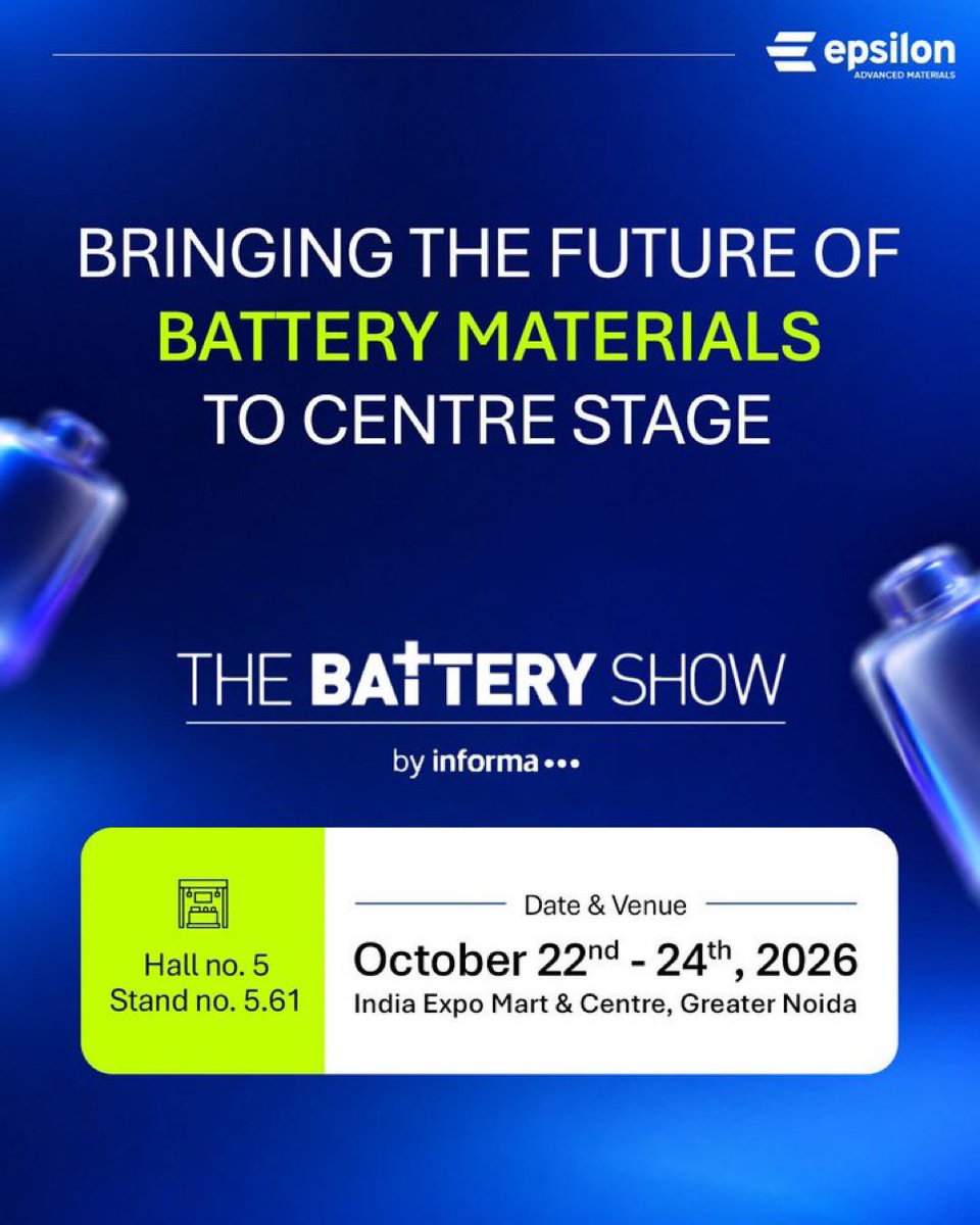 EpsilonGraphite's tweet photo. Catch us at @thebatteryshow India 2026 on 22–24 October, at India Expo Mart, Greater Noida. 
Explore our advanced anode and cathode materials portfolio and discover how we’re enabling the next generation of electric mobility and energy storage. 
See you there! https://t.co/THtIW55XCn