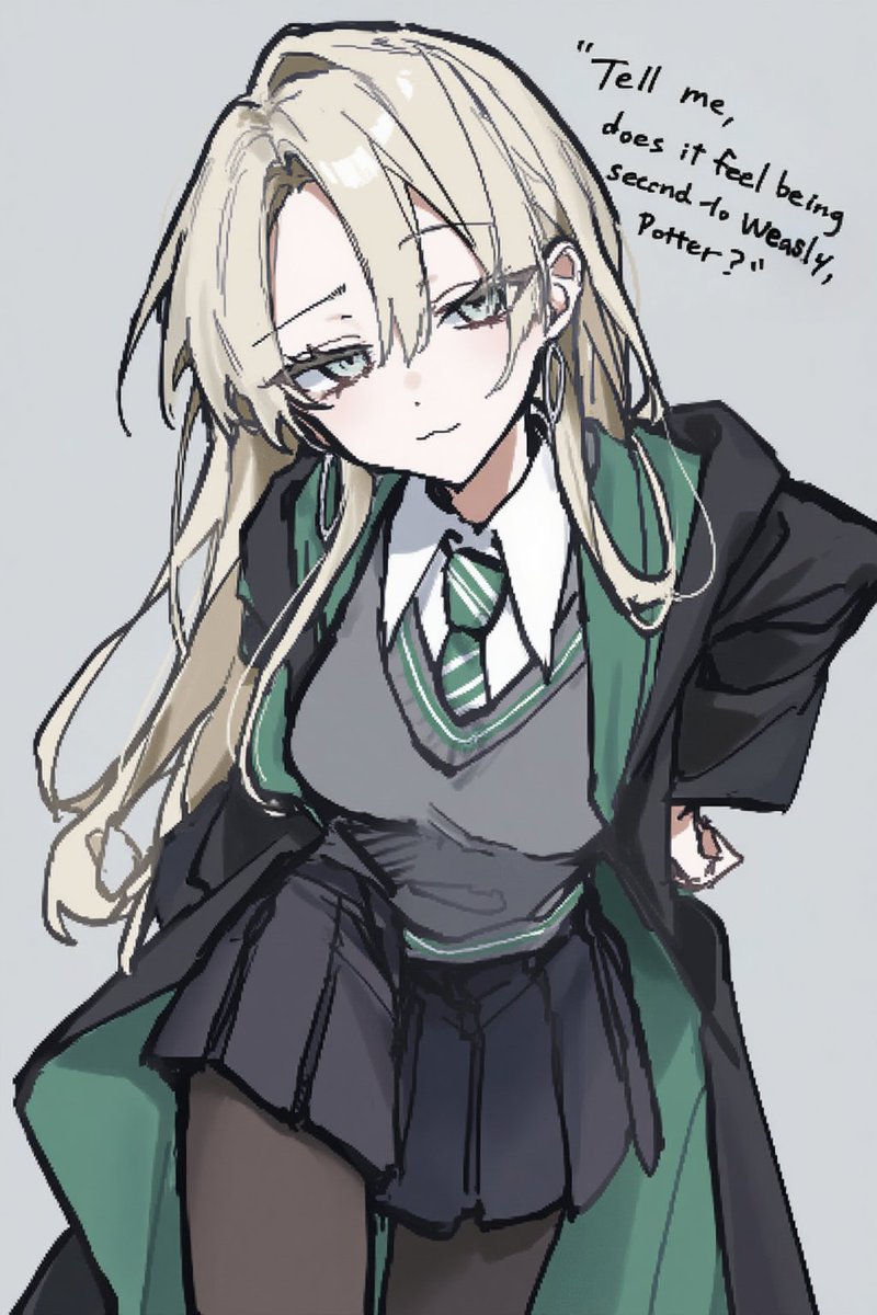 sizue98's tweet photo. おはようございます。

雌ガキ風
--------------
「どうだ、ポッター？ ウィーズリーに負けた気分は？」

「……どうやら、痛いところを突いたみたいだね。」

――『ハリー・ポッターと不死鳥の騎士団』
原作：第10章「ルーナ・ラブグッド」
--------------
“Tell me, how does it feel being second-best to Weasley, Potter?”

“I seem to have touched a nerve.”

— Harry Potter and the Order of the Phoenix
Novel: Chapter 10, “Luna Lovegood”

#FeMalfoy #ド���コ・マルフォイ #ハリーポッター #スリザリン #女体化　#挑発 #ドヤ顔　#FeMalfoy #DracoMalfoy #HarryPotter #Slytherin