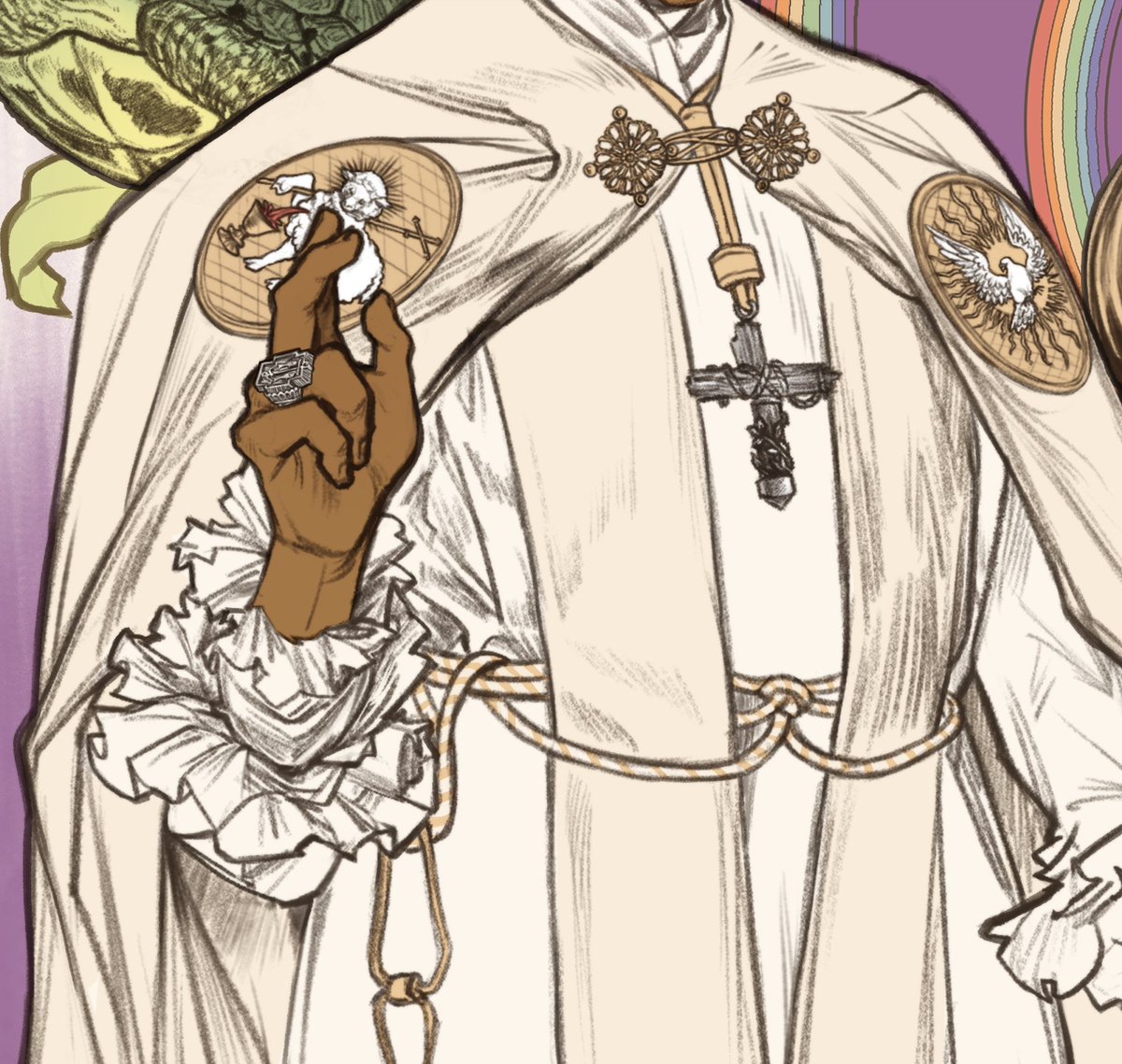 bontmercy's tweet photo. an illustration i did of pope innocent for a film festival in spain (+ detail shots)! 🐢🌈 #conclave2024 https://t.co/GqNBqs0WJR