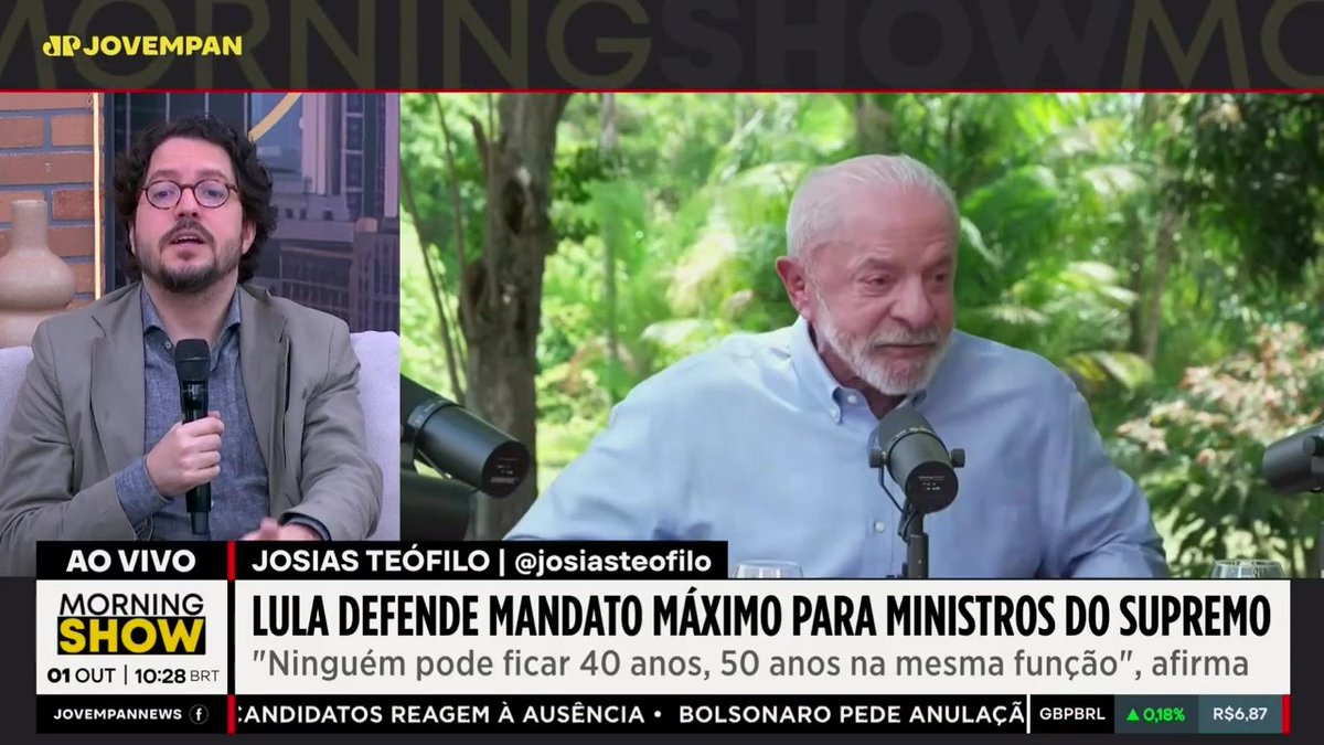 A screenshot of 'Morning Show' on Jovem Pan news channel showing Josias Teófilo interviewing Lula, with a banner reading 'LULA DEFENDE MANDATO MÁXIMO PARA MINISTROS DO SUPREMO' about term limits for justices.