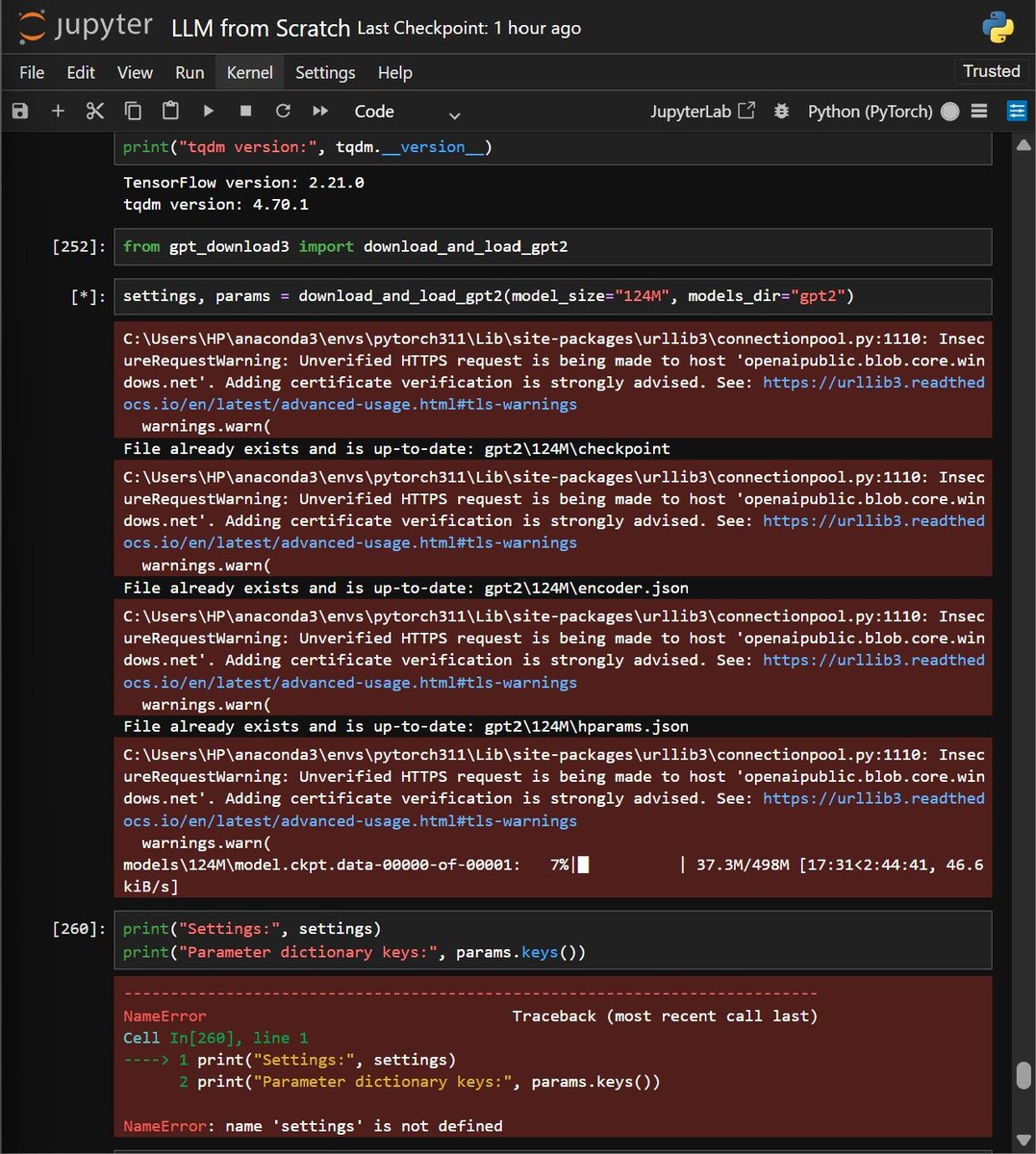 shoupxx's tweet photo. Day 121 —> Becoming an AI Engineer

Tried loading pre-trained GPT-2 (124M) weights locally.

~500 MB download at ~55 KiB/s… patience became part of the training loop

Insight: Working with LLMs isn’t just about arch. —data, weights, storage &amp; compute are engineering problems too https://t.co/m9iKM9tLFJ