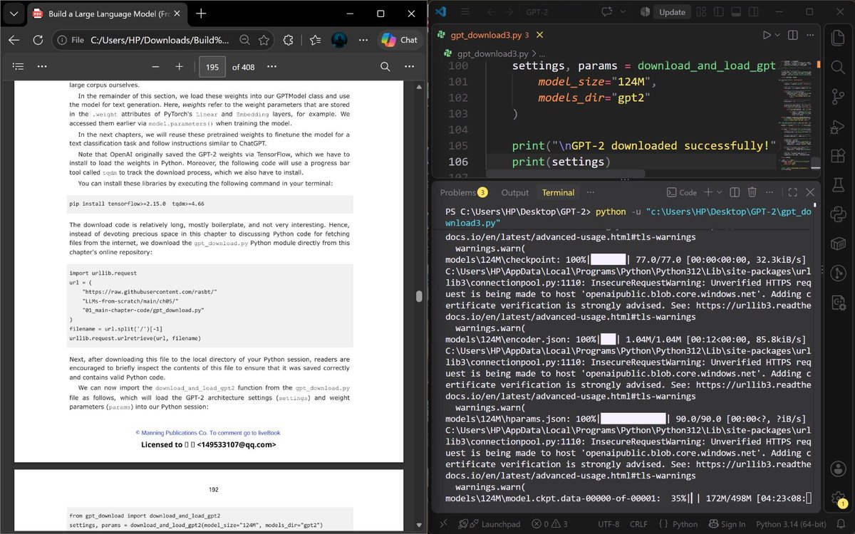 shoupxx's tweet photo. Day 121 —> Becoming an AI Engineer

Tried loading pre-trained GPT-2 (124M) weights locally.

~500 MB download at ~55 KiB/s… patience became part of the training loop

Insight: Working with LLMs isn’t just about arch. —data, weights, storage &amp; compute are engineering problems too https://t.co/m9iKM9tLFJ