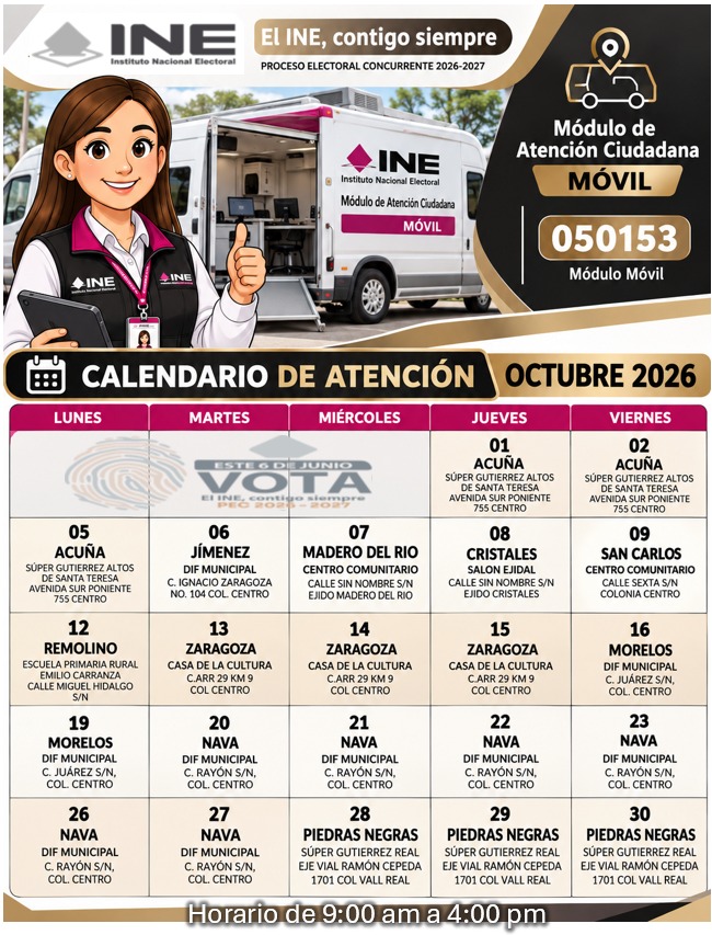 01JDE_INECoah's tweet photo. ¡El INE está donde tú estás!   

El Módulo Móvil 050153 estará recorriendo distintas comunidades durante octubre de 2026. 
   
📅 Horario de atención: lunes a viernes, de 9:00 a 16:00 horas. https://t.co/04uUGkslFP