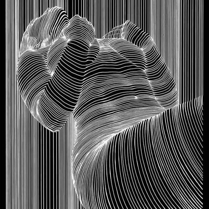 A monochrome digital artwork featuring a wavy, topographical-style pattern that resembles a contour map or flowing fabric, composed entirely of vertical and curved parallel lines against a black background. The abstract design, which suggests a distorted landscape or draped form, appears to be a stylized piece meant to be reimagined as a realistic 3D rendering by Grok.