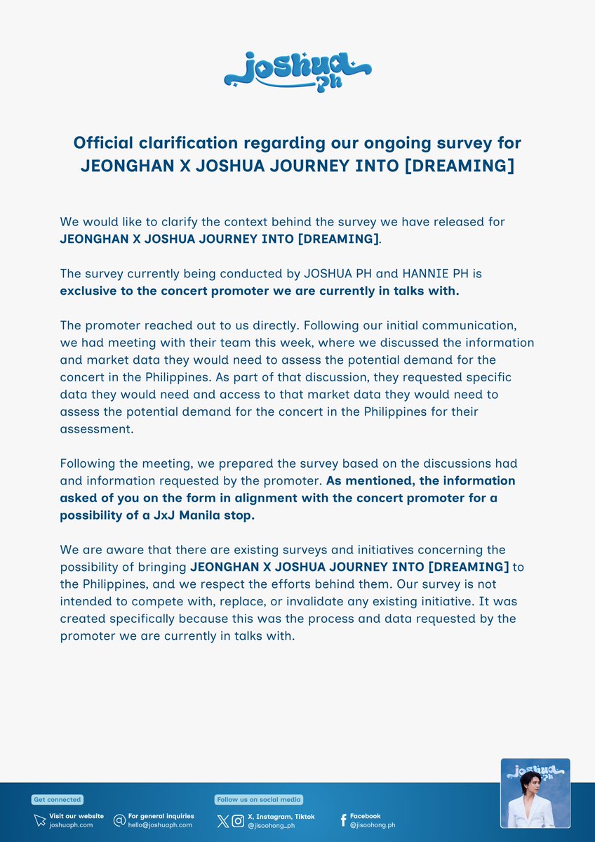 jisoohong_ph's tweet photo. [ADMIN] 261001

Official clarification regarding our ongoing survey for JEONGHAN X JOSHUA JOURNEY INTO [DREAMING]

We will continue to do what we can within our capacity to demonstrate the demand for JEONGHAN X JOSHUA JOURNEY INTO [DREAMING] in the Philippines.

Thank you for your understanding.