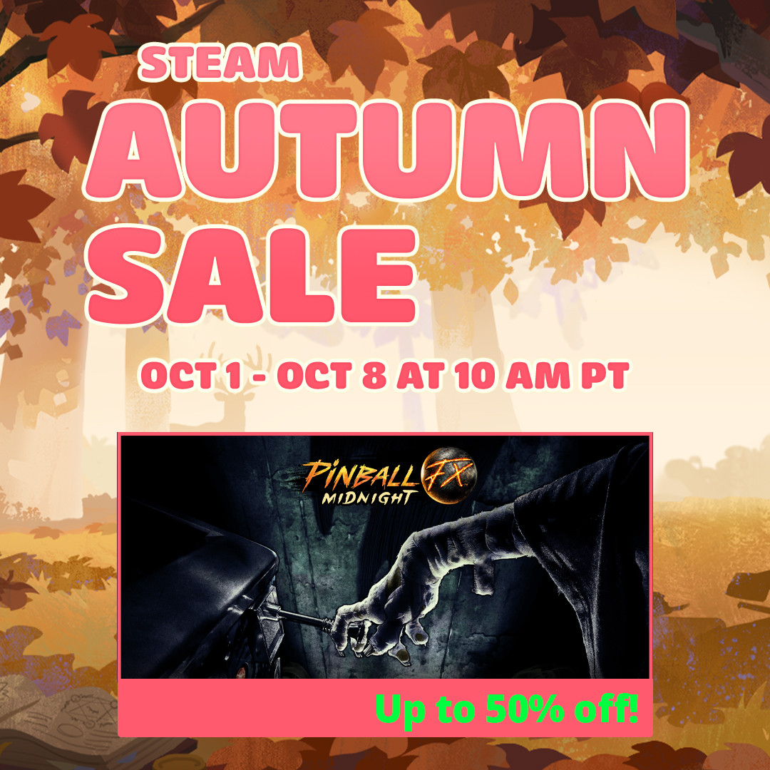 PinballFX's tweet photo. 🍂 The Steam Autumn Sale is here! 🍂

Save up to 70% on Pinball FX content, 50% on Pinball FX Midnight tables, and 60% on Pinball FX Classic packs, 
All other Zen titles are discounted too!

Visit our developer page for amazing deals: https://t.co/S6R4IRoIWH 

#Steam #Sale https://t.co/tn3oCIUdDL