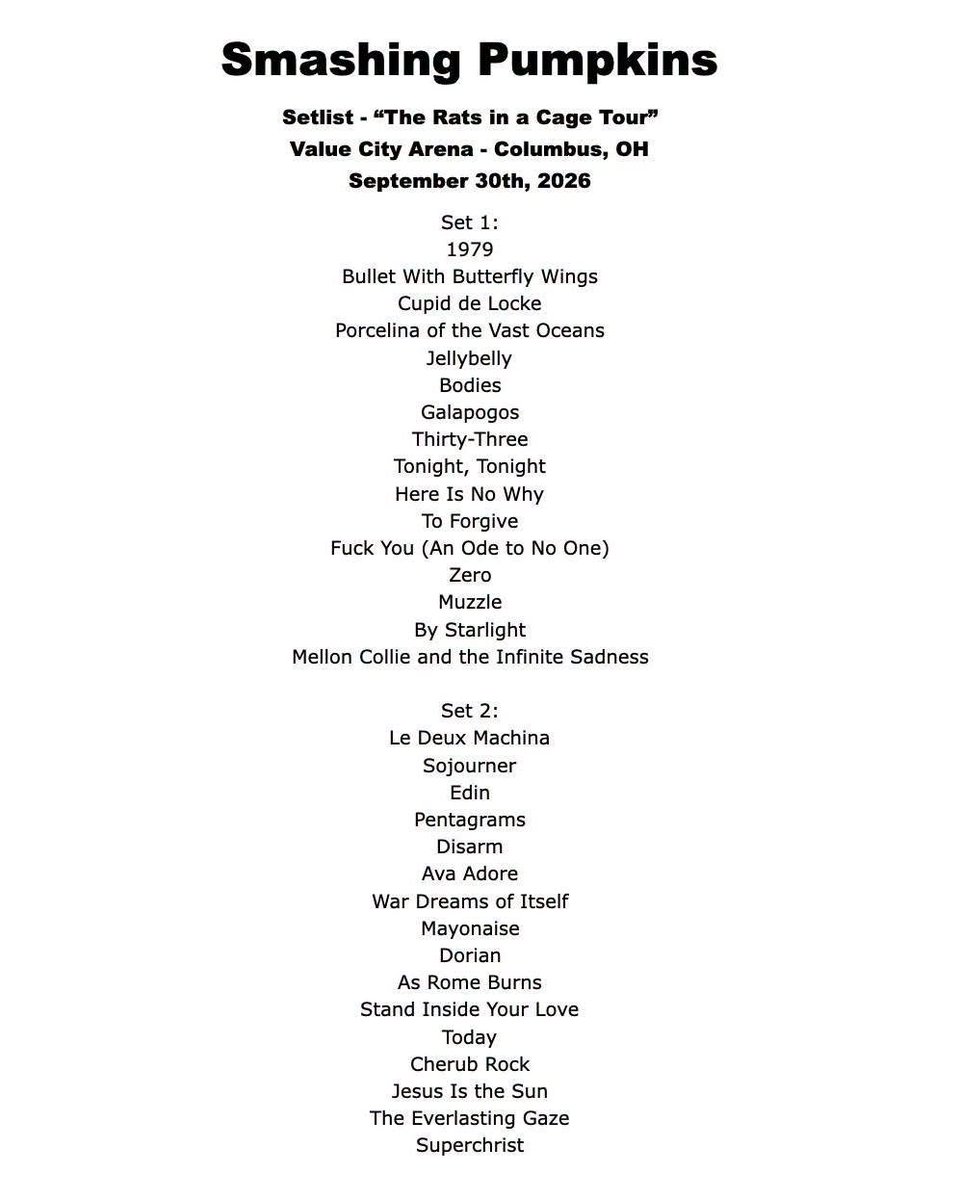 consequence's tweet photo. The setlist for Smashing Pumpkins' "The Rats in a Cage Tour" kick-off https://t.co/0p4crgL6n8