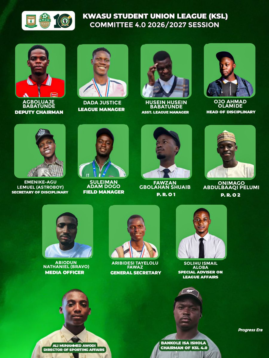 kwasuleague's tweet photo. 🟢 KSL 4.0 — The Team Behind the League ⚽🏆

Meet the dedicated officials and executives steering the KWASU Student Union League (KSL) Committee 4.0 through the 2026/2027 session. https://t.co/xkoyrCGfj0