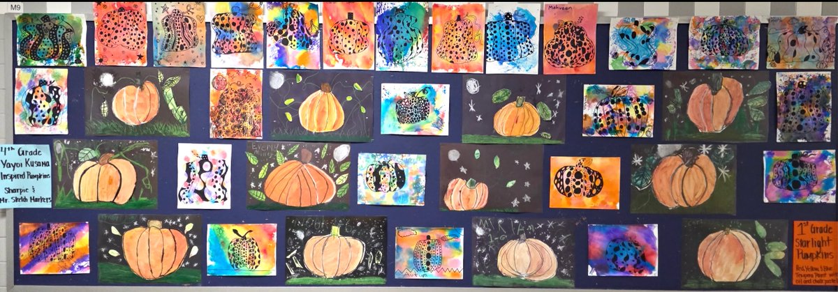 whitetigerart25's tweet photo. 1st grade painted starlight pumpkins using only red, yellow, &amp; blue tempera paint. Such amazing color mixing! 4th grade used Sharpies and Mr. Sketch markers to create Yayoi Kusama inspired pumpkins. In awe of my artists 🩵 @MSTMAGNET @Artk12RISD https://t.co/Q9kFIfP3Id