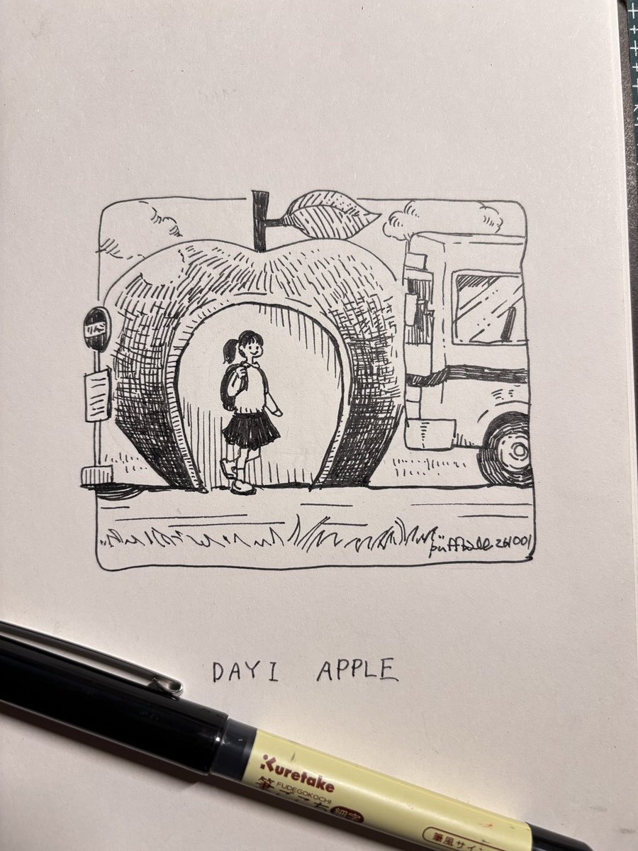 puffball_draw's tweet photo. #inktober day1
長崎にフルーツバス停というのがあるけど、🍎はなかったようですが、🍎のバス停　ゆるゆる参加します！ https://t.co/pQJ1WLWXyX
