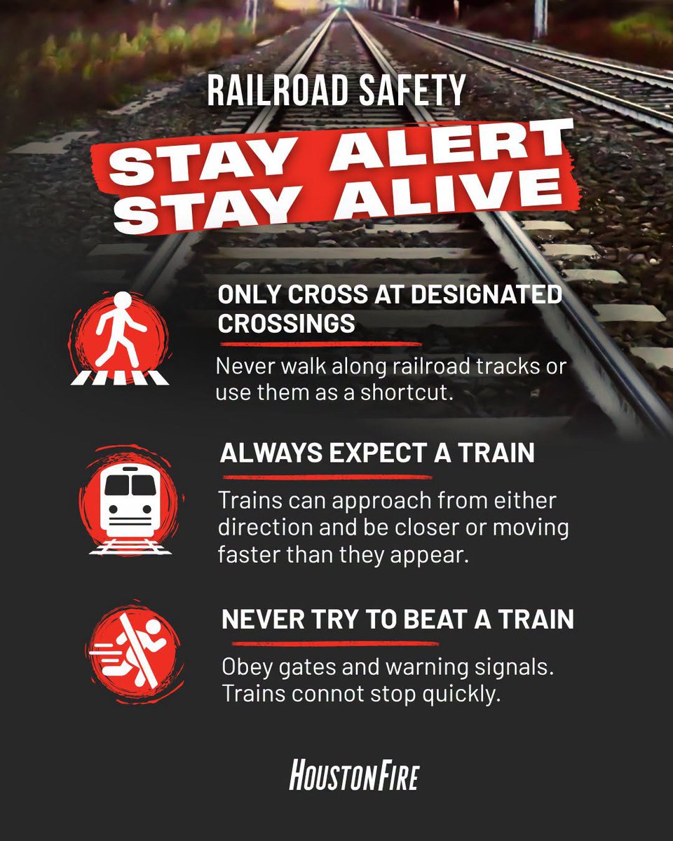 HoustonFire's tweet photo. After a recent incident near Lockwood &amp; Rusk, HFD reminds everyone: trains can’t stop fast. Use crossings. Stay alert.

Thank you to District I Council Member Joaquin Martinez for working with @HFDChiefMunoz &amp; HFD to help share this important safety reminder with our community. https://t.co/9viChvgycO