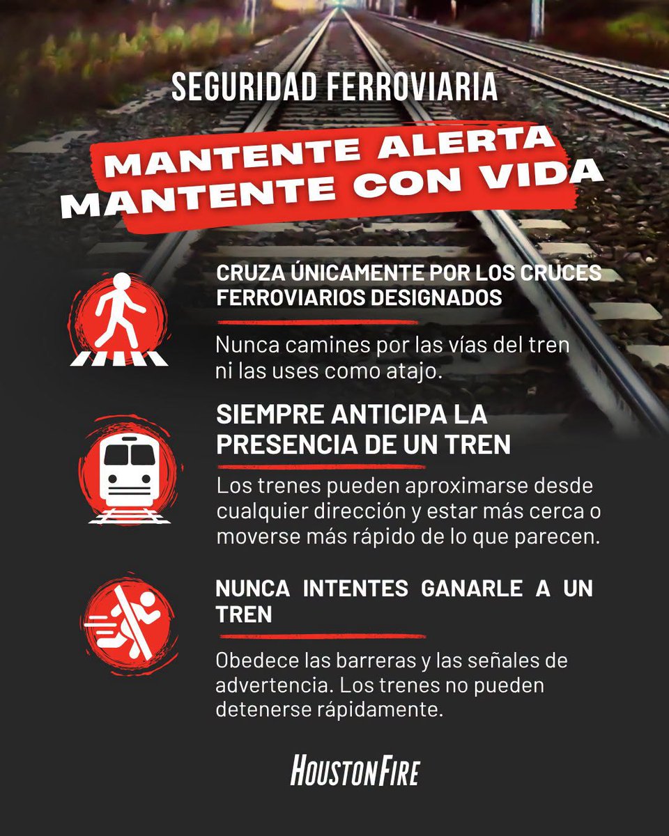 HoustonFire's tweet photo. After a recent incident near Lockwood &amp; Rusk, HFD reminds everyone: trains can’t stop fast. Use crossings. Stay alert.

Thank you to District I Council Member Joaquin Martinez for working with @HFDChiefMunoz &amp; HFD to help share this important safety reminder with our community. https://t.co/9viChvgycO