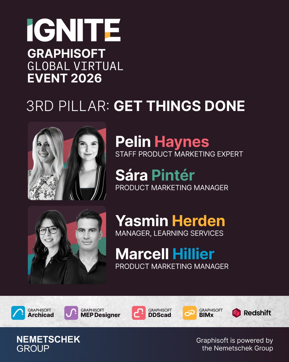 GRAPHISOFT's tweet photo. Join us on October 13 for "Get Things Done", part of the Ignite - Graphisoft Global Virtual Event 2026agenda, on what's new in Archicad, MEP Designer, BIMx, and DDScad, presented by Pelin Haynes, Sára Pintér, Yasmin Herden, and Marcell Hillier. Register now: https://t.co/XYRxRFeWF7