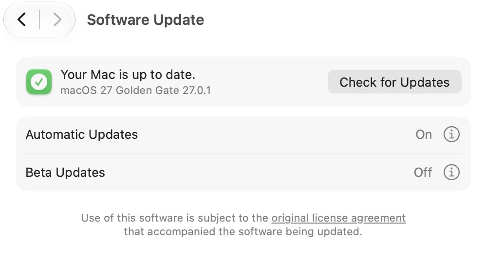 gchahal's tweet photo. Anyone else having issues after updating? Just moved to #macOS27 Golden Gate 27.0.1 and my MacBook is acting up. 🖥️💥 Apps lagging and performance is tanking. Anyone else facing the same? #MacBook #Apple #macOS #TechSupport https://t.co/wfZXTsUm5i
