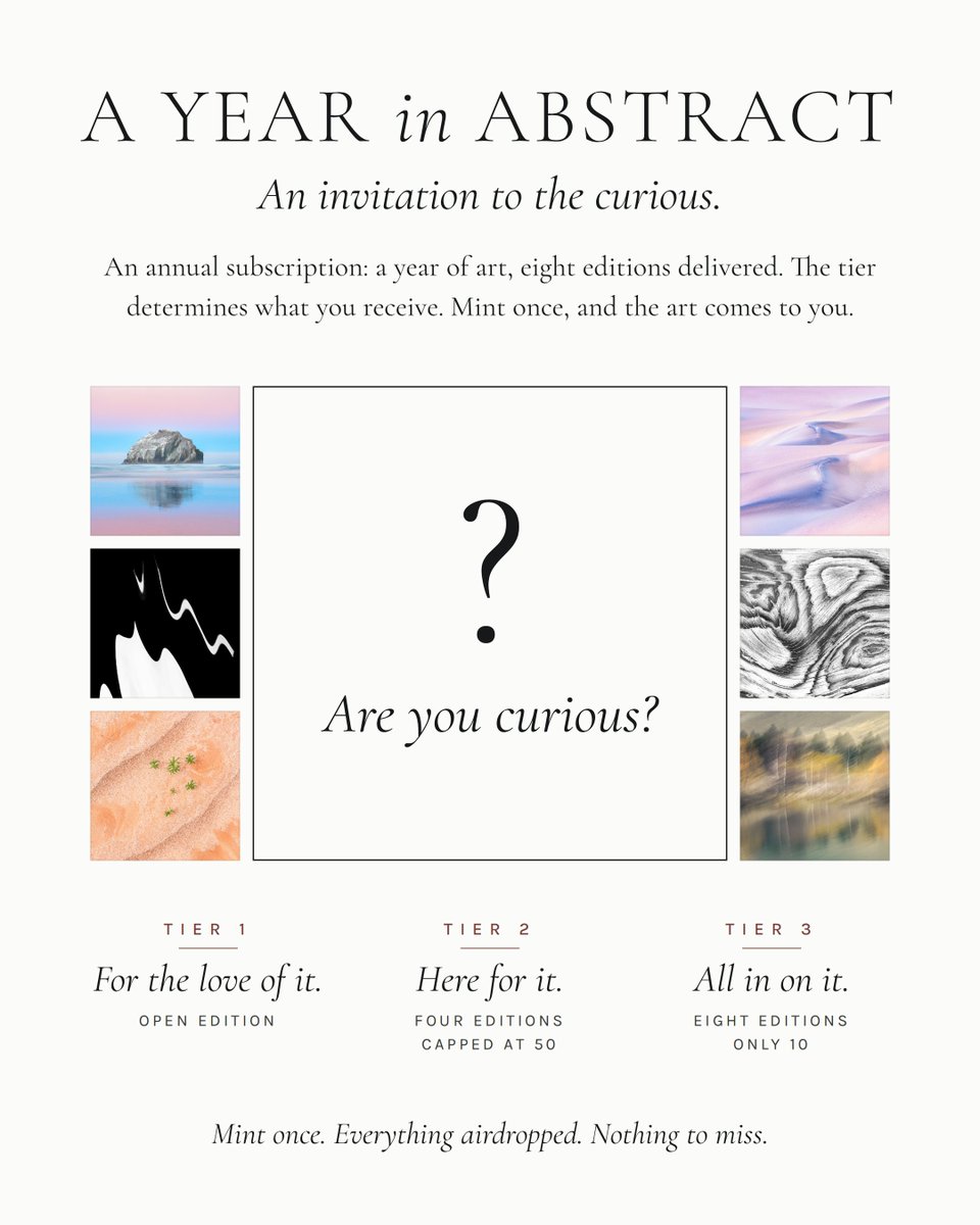 TarainAbstract's tweet photo. A YEAR in ABSTRACT 
🚨 LIVE on @TransientLabs 

➰ 8 editions + perks delivered over a year.
➰ The tier minted determines what you receive.

🔸Tiers 1 & 2 are open to the public.
🔸Tier 3 presale is live for reserved passes. 4 left! 
Public sale starts Monday for any remaining passes.

Dm if you’d like to be added to the presale mint.
🔜 First artwork reveal coming next week.

🔗 link ⤵️