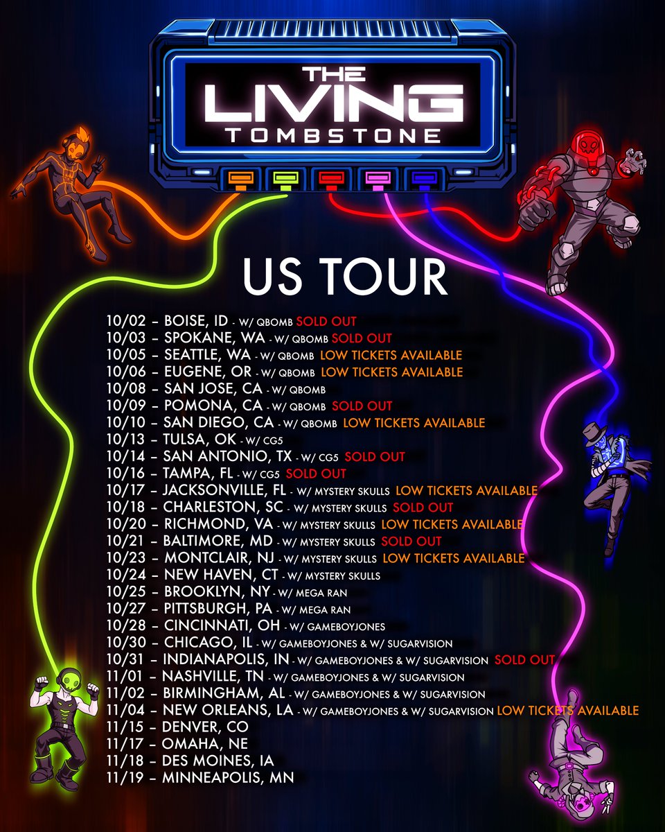 LivingTombstone's tweet photo. Our US tour kicks off TOMORROW in Boise!

Tickets are going quickly, so make sure to grab yours at the link in our bio 🧡💚❤️💙💜 https://t.co/kdaGh0BsId