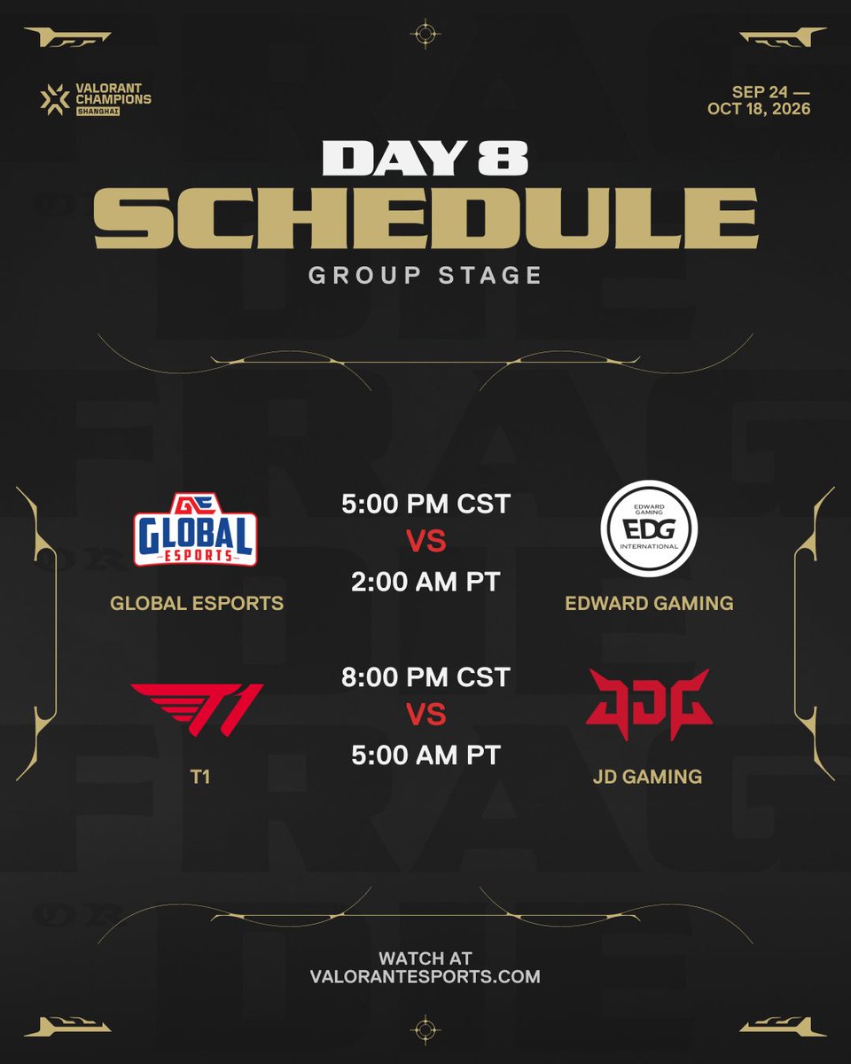 ValorantEsports's tweet photo. Four more teams stand at the gates of elimination tomorrow.

Check out the schedule for Day 8 of #VALORANTChampions Shanghai! https://t.co/bddRmsAu5w