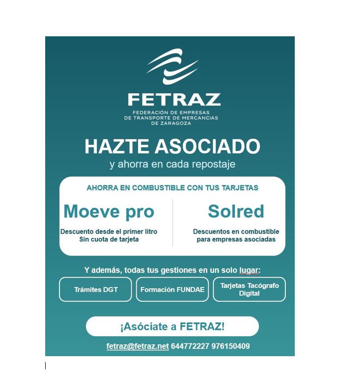 FETRAZ's tweet photo. Si tu empresa de transporte de mercancías está en Zaragoza, asociarte a FETRAZ te ahorra costes y gestiones.
Como asociado tienes ventajas:
⛽ Descuentos en combustible con las tarjetas Moeve pro y Solred.
*Gestión de trámites ante la DGT.
*Cursos bonificables a través de FUNDAE https://t.co/TO8er859Zo