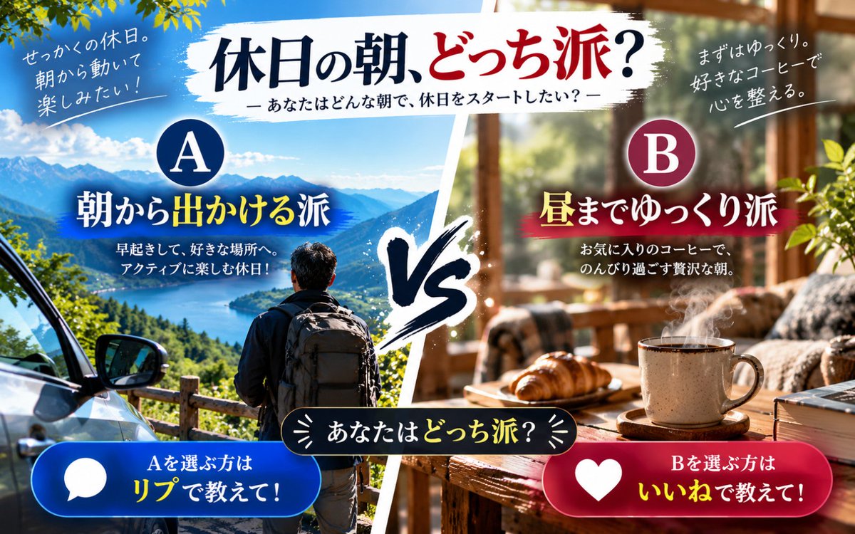 ikeoji_retreat's tweet photo. 休日の朝、あなたはどっち？
朝から動く派？それとも、ゆっくり派？☕️ https://t.co/umUzOBSwtr