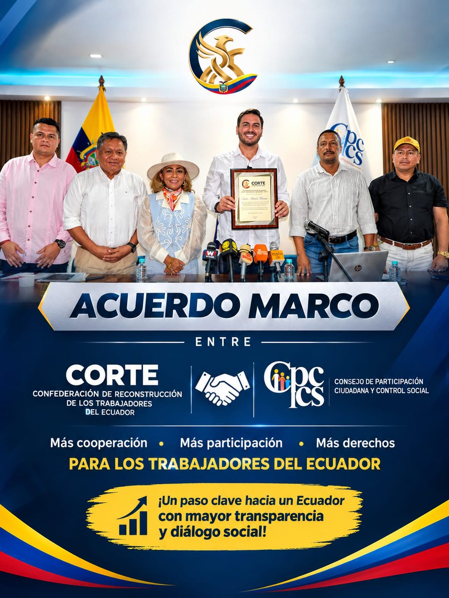 EcuadorCorte's tweet photo. ¡Alianza clave! 🤝🇪🇨 La CORTE y el CPCCS, con su presidente Andrés Fantoni, consolidaron su carta de intención en un histórico Acuerdo Marco para defender los derechos de los trabajadores y potenciar la participación ciudadana. 📈✨ #CORTE #CPCCS #TrabajadoresEcuador https://t.co/dHtN4cVb3K