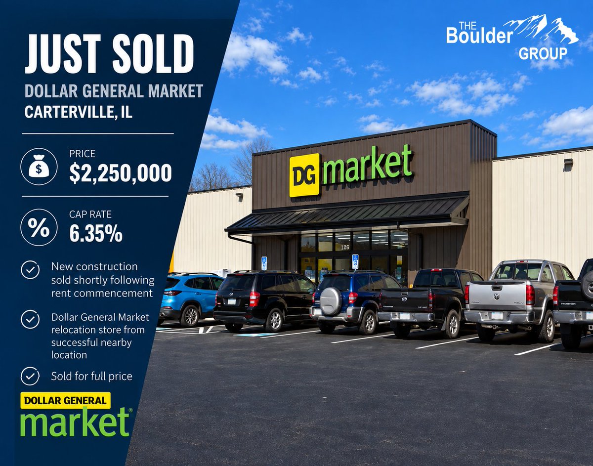 TheBoulderGroup's tweet photo. SOLD: New construction Dollar General Market in Carterville, IL – $2,250,000

✅ Full asking price
✅ Relocation of a nearby DG
✅ New 15-yr lease, 5-yr bumps
✅ Zero landlord responsibilities
✅ S&amp;P: BBB
Seller rep: Zach Wright &amp; Brandon Wright
#NetLease #DollarGeneral https://t.co/mQIcB4KatB