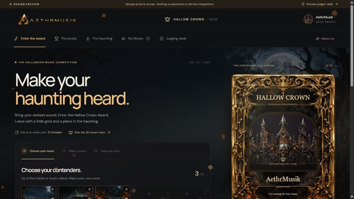 AethrMusik's tweet photo. 🎃 THE HALLOW CROWN AWARD IS LIVE 👑
Bring your darkest sound to AethrMusik.
Enter up to 5 tracks or music videos, claim your gold contender card and compete for $150, a trophy, merch and Aethr Credits.
Edit your entries until 21 October, then the People’s Séance also begins.
Enter the haunting → https://t.co/Y1IgzLbGqw
#HallowCrownAward