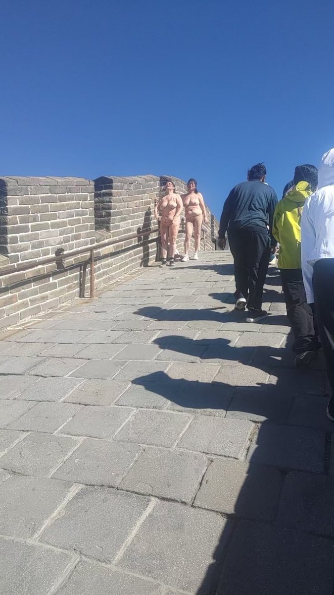sosohwa's tweet photo. 十一国难日，土包子歪着脸举杯庆祝，苦命的两个胖子女人在长城裸体喊冤。谁不要起码的羞耻感呢，不到走投无路时候，没有人出此下策。 https://t.co/Yj4N5jPKhD