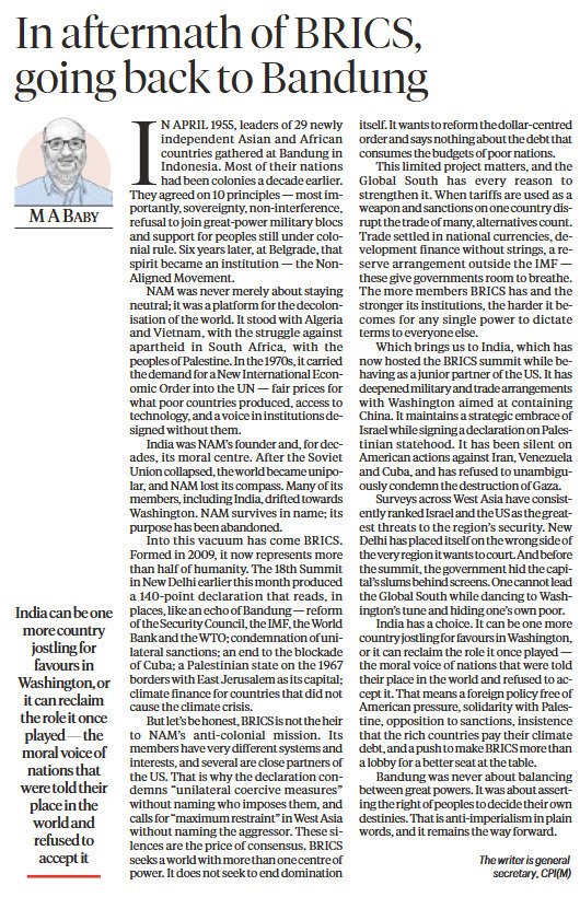 MABABYCPIM's tweet photo. India has a choice. It can be one more country jostling for favour in Washington, or it can reclaim the role it once played — the moral voice of nations that were told their place in the world and refused to accept it.

My piece in today’s Indian Express on the BRICS Summit and the way forward for India.
