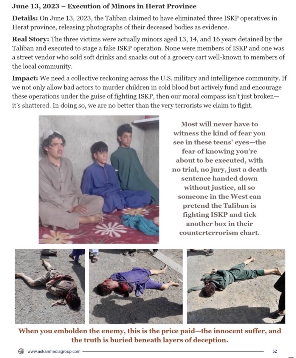 sarahadams's tweet photo. In Afghanistan they kill civilians, take their pictures, then say they killed ISKP, it’s pretty horrible. I saw them do it to a teenage boy that was a street vendor, all the locals loved him, just trying to help his mom feed their family. 

I got the during detention and after pics (yes, he was even extra-judicially killed), and it’s haunting.