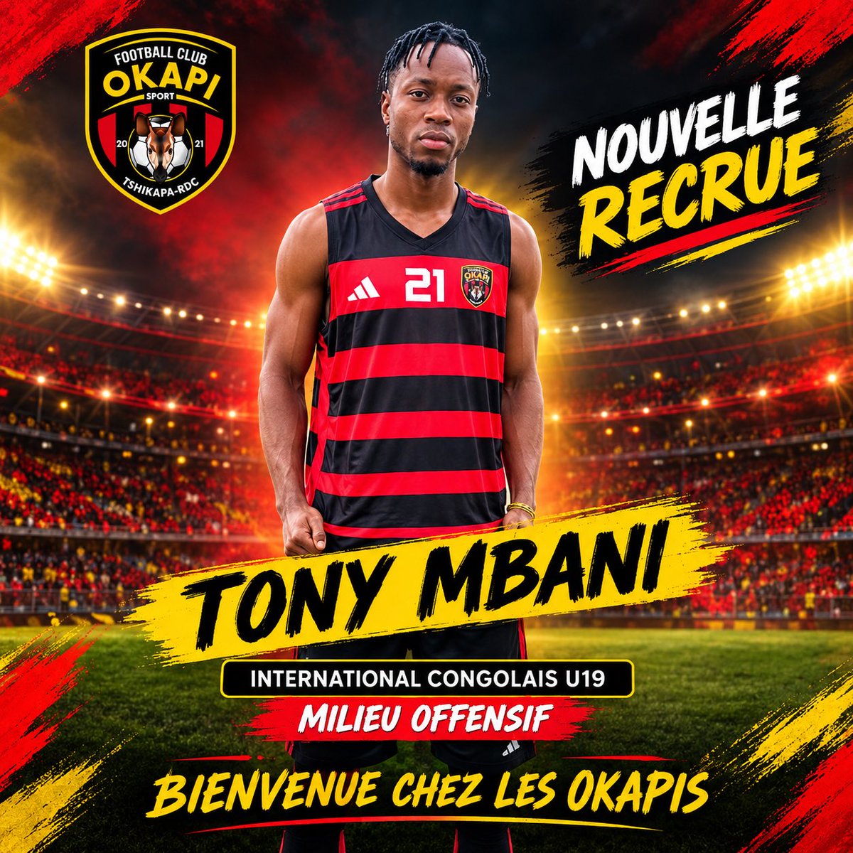 Okapisportfc's tweet photo. 🔴⚫🟡 NOUVELLE RECRUE | OKAPI SPORT

🇨🇬 Tony Mbani, international congolais (Brazzavillois) U19, rejoint officiellement les rangs du FC OKAPI SPORT.

🎯 Poste : Milieu offensif

Bienvenue chez les Okapis, Tony ! 
Nous te souhaitons beaucoup de réussite sous nos couleurs. https://t.co/dJWMN6dnVY