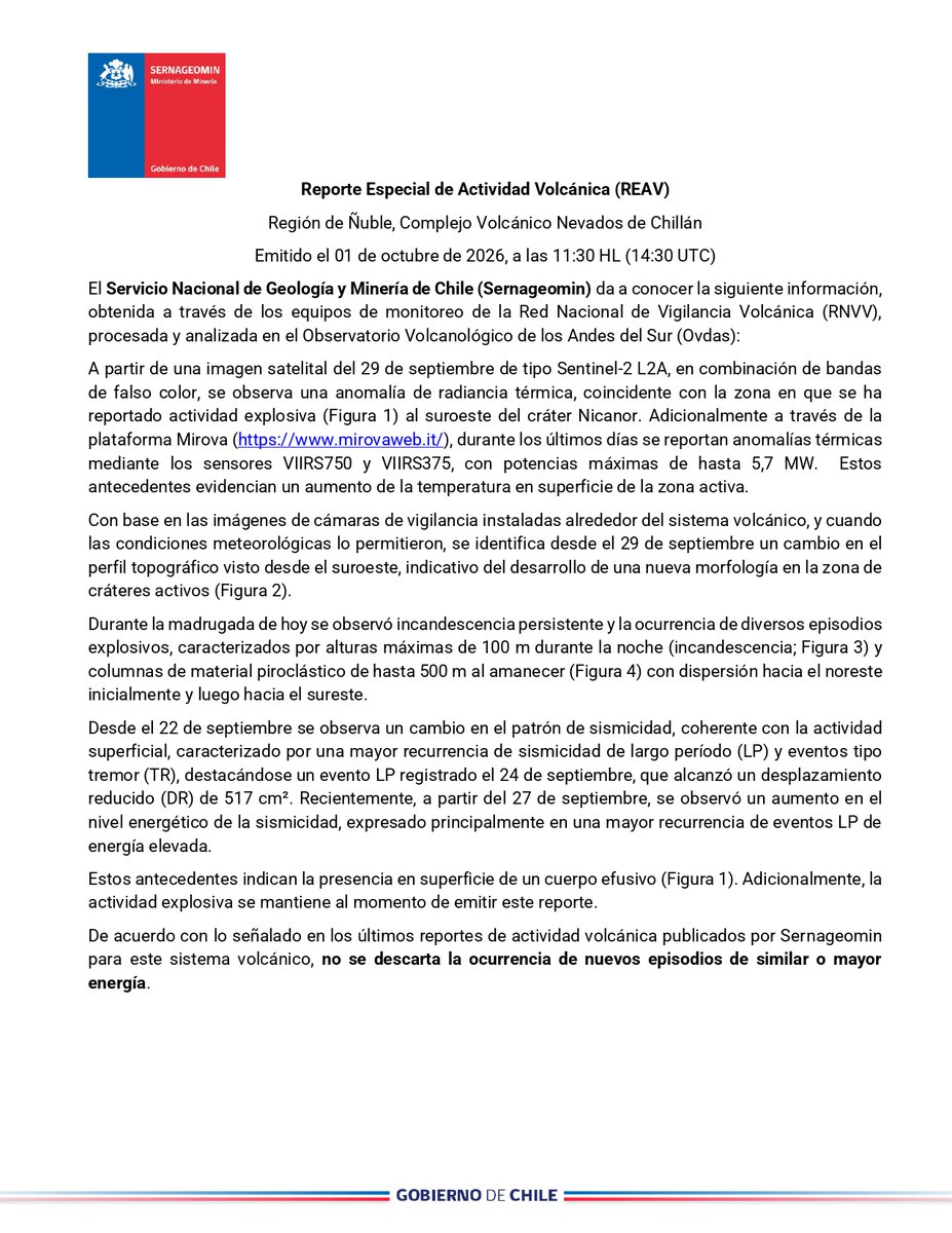 sernageomincl's tweet photo. Monitoreo Volcánico🌋
Se adjunta Reporte Especial de Actividad Volcánica (REAV), sobre el monitoreo del volcán Nevados de Chillán, relacionado con el emplazamiento de cuerpo efusivo. 
Mantiene alerta técnica Amarilla. https://t.co/uRSdZgzsuF