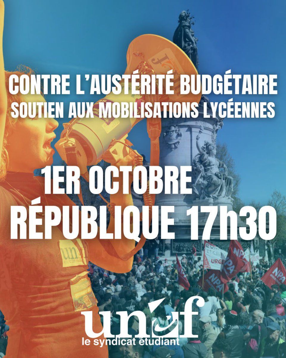UNEF's tweet photo. Rendez-vous place de la République pour lutter contre l’austérité budgétaire ! https://t.co/kKn5SFmIVv