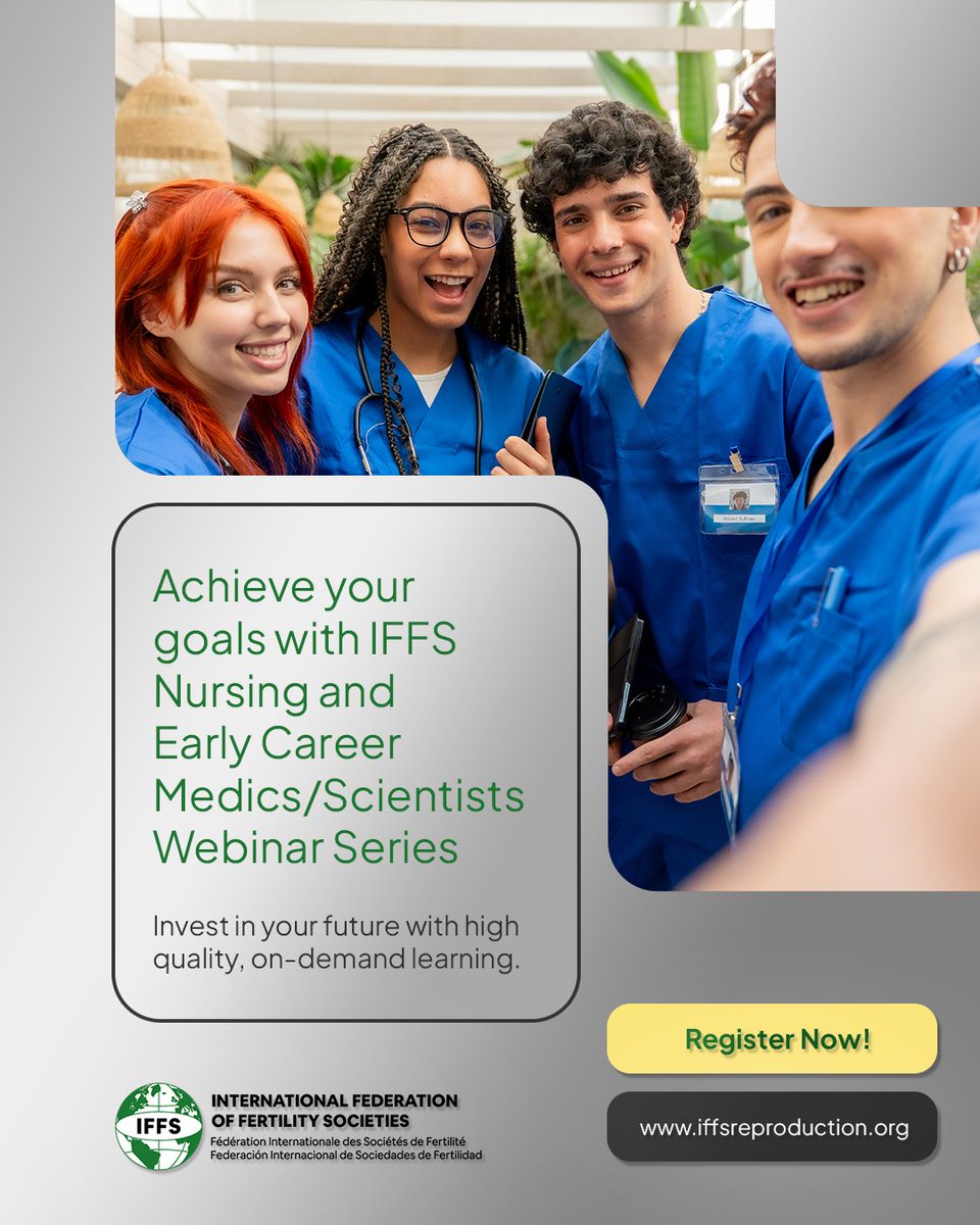 iffsfertility's tweet photo. #freewebinar
Nurses and Early Career Medics Webinar Series - Stimulation and Medication

Lead by:
Dr Marcos Horton - IFFS President 
Dr. Ebele Onwuagbaizu

Chair: Lisa Hughes-Thompson

Date: 22nd October 2026
Time: 13:00 CET (GMT +1)

🔗: https://t.co/ZG086TCTEh

#nurses #health https://t.co/YSJXAda4WG