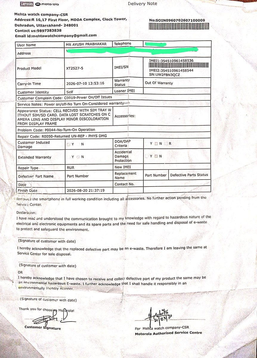 ayush0_4p's tweet photo. @consumerforum_ @jaagograhakjago @motorolaindia i gave my phone to motorola official service centre after it went dead due to motherboard issues but motorola delayed repairs for months , and now claims it's out of warranty. Clear breach of warranty . https://t.co/mpyoh815CO