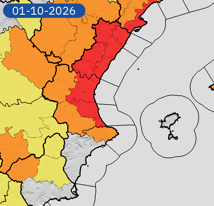 AEMET_CValencia's tweet photo. 01/10 16:42 AVISOS HOY Y MAÑANA | Comunitat Valenciana: lluvias y tormentas. Nivel máximo de aviso: rojo.
Actualizaciones en https://t.co/R3Fs2JzKgr https://t.co/ejfIKsDYol