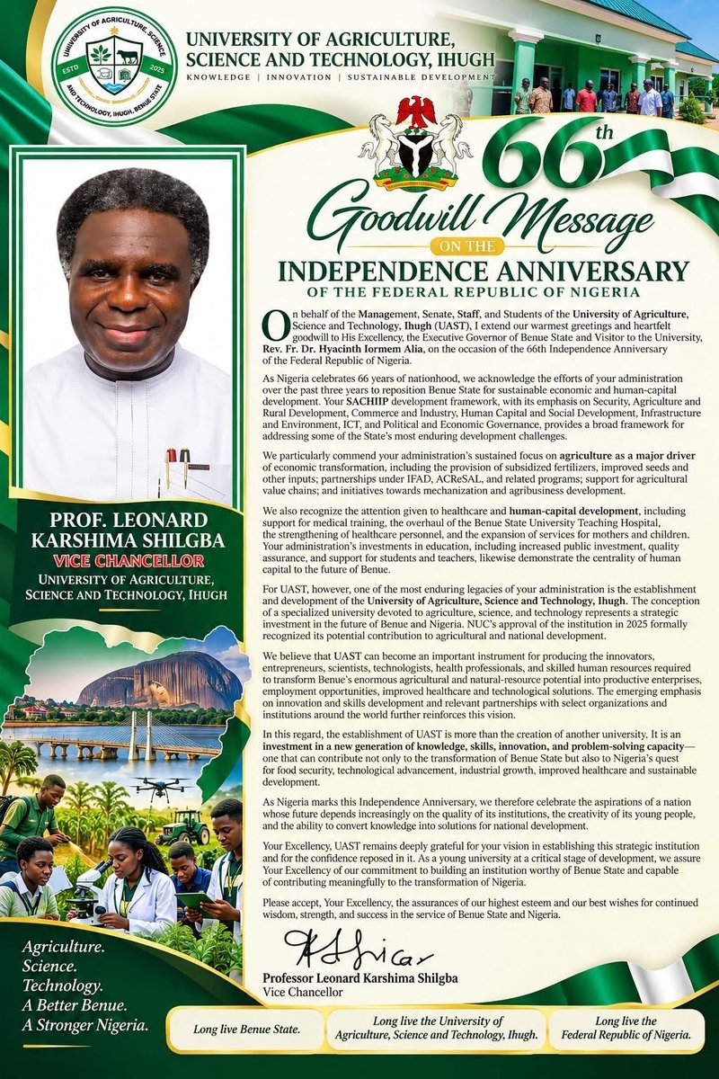uastiofficial's tweet photo. To @uastiofficial students, faculty, and staff, on this 66th Independence Day in the history of our great nation, Prof Leonard Shilgba extend an invitation to meditate on your personal contribution and role towards making living more pleasant and attractive in Nigeria. https://t.co/WRGoiVYCa7