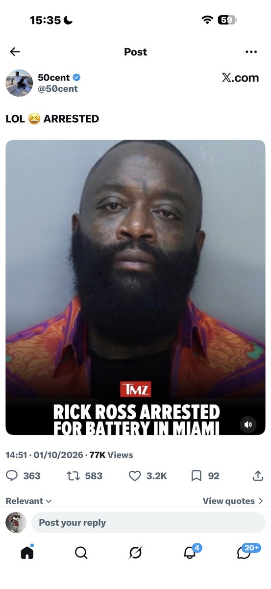 kay_mellowX's tweet photo. Rick Ross arrested days after his ex's allegations surfaced.50 Cent, his longtime rival, already posted about it.😆 https://t.co/mVVZICo8P9
