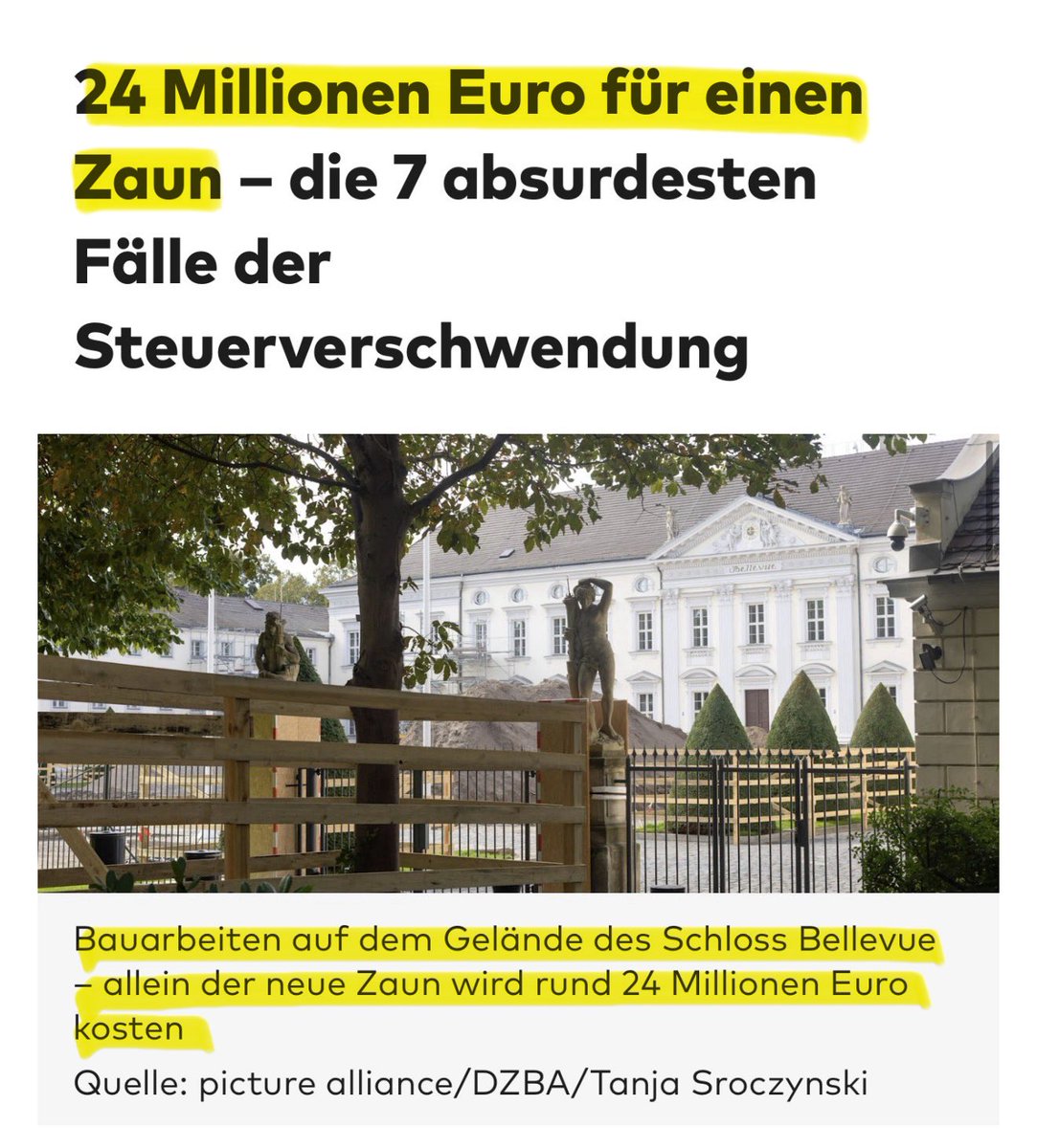 Georg_Pazderski's tweet photo. DER DUMME MICHEL ZAHLT!

1.300 Meter Zaun um Schloss Bellevue für 24 Millionen Euro - das sind ~ 18.500 Euro pro laufendem Meter.

Und uns erzählt man, dass gespart werden muss! https://t.co/hgKcG9ohtw
