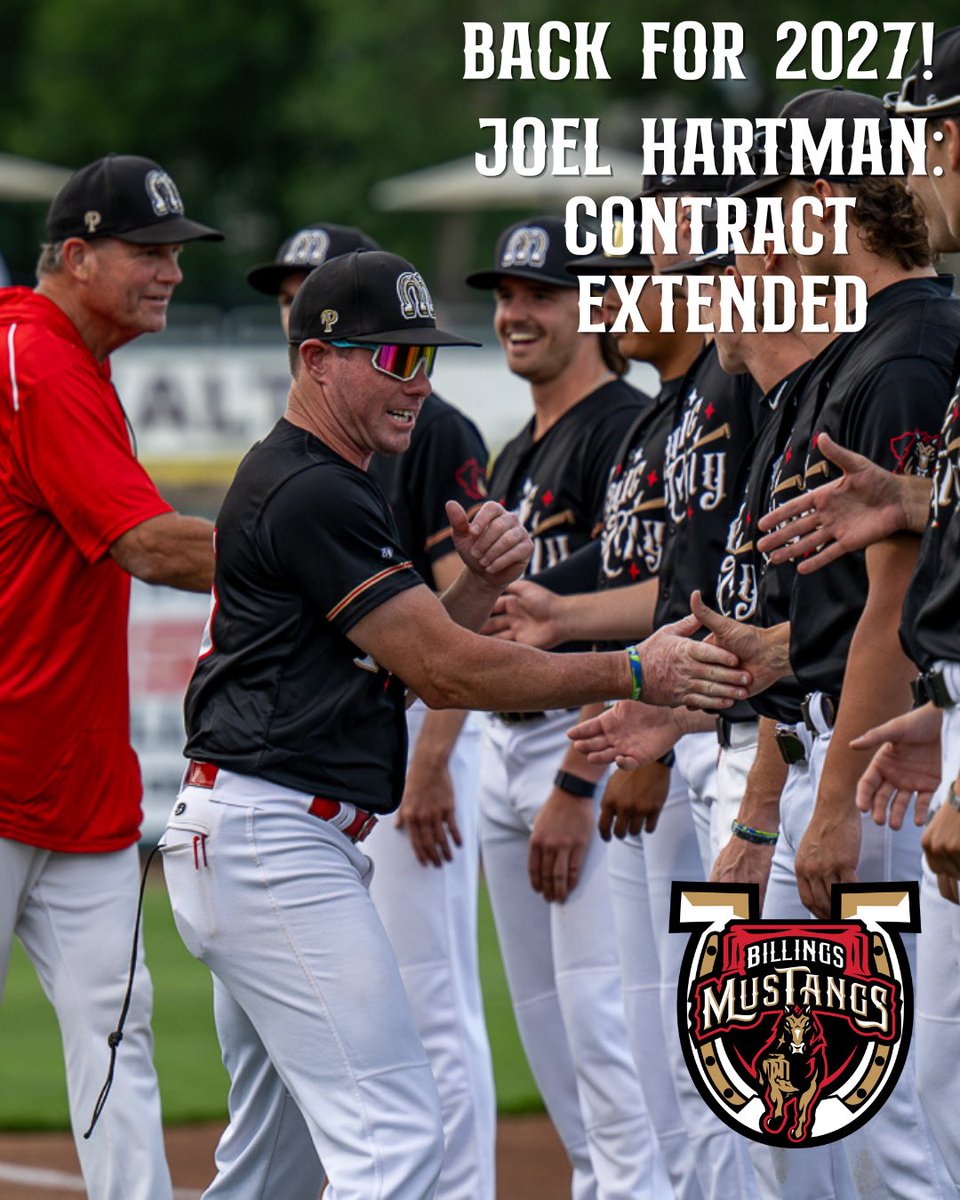 Mustangs's tweet photo. Get ready for more!🤠

With Craig Maddox back at the helm, Dennis Rasmussen back as Pitching coach, and Joel Hartman returning as Hitting coach, ALL coaches are set to return to Billings for the 2027 Summer! Read more about it at https://t.co/ftS3cmDMsk https://t.co/Q5XBbAeoa5